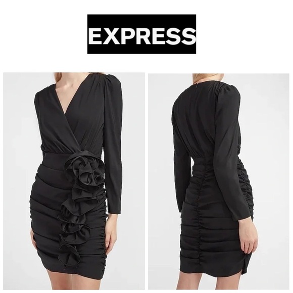 🆕Express Black Long Sleeve Elegant Design Wrap Flower Rouched Dress S🆕 - Picture 1 of 15